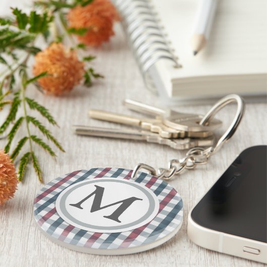 Monogram rood, wit en blauw speldenmonogram sleutelhanger (Voorkant Rechts)