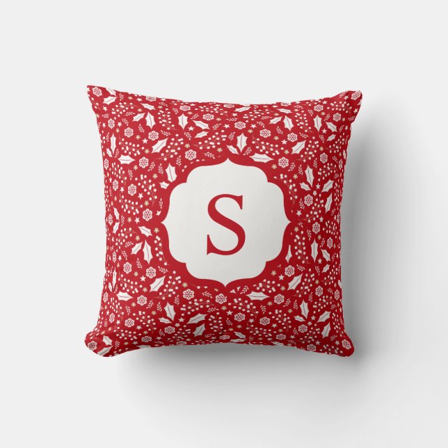 Monogram Rood Wit Kerst Bloemenpatroon Kussen (Voorkant)