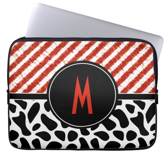 Monogram rood wit Stripe zwart Laptop Sleeve (Voorkant)