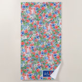Monogram rood-witte blauwe bloemen naam 4 juli strandlaken (Voorkant)