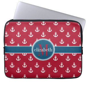 Monogram rood-witte blauwe scheepsankermonogram laptop sleeve