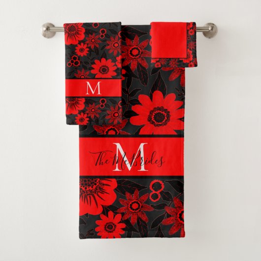 Monogram Rood, Zwart en Wit Oerwoud Bloemen Bad Handdoek (Insitu)