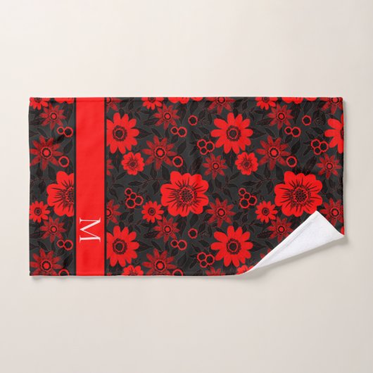 Monogram Rood, Zwart en Wit Oerwoud Bloemen Bad Handdoek (Handdoek)