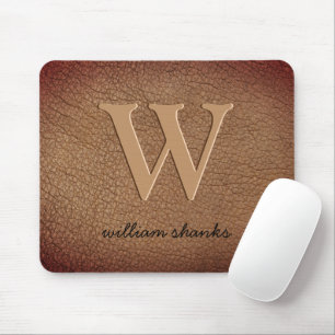 Monogram roodbruin leer gouden script naam muismat