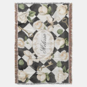 Monogram  Roos Bloemen Zwart Wit Diamant Deken (Voorkant Verticaal)