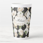 Monogram Roos Bloemen Zwart Wit Diamant Latte Mok (Voorkant)