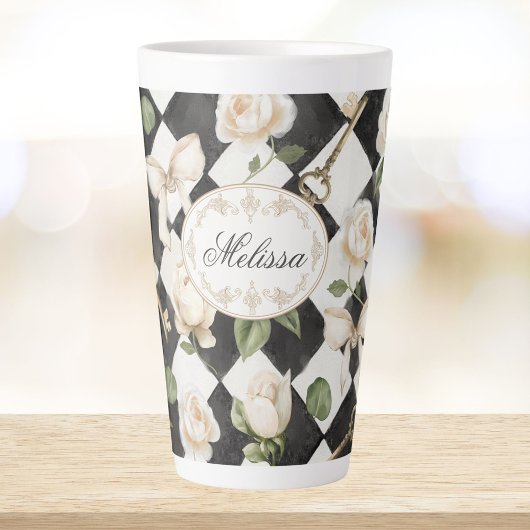 Monogram Roos Bloemen Zwart Wit Diamant Latte Mok