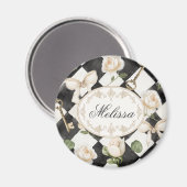 Monogram Roos Bloemen Zwart Wit Diamant Magneet (Voorkant / Achterkant)