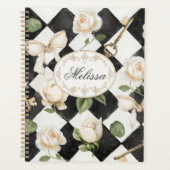 Monogram  Roos Bloemen Zwart Wit Diamant Planner (Voorkant)
