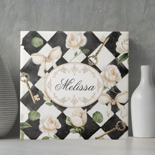 Monogram  Roos Bloemen Zwart Wit Diamant Tegeltje