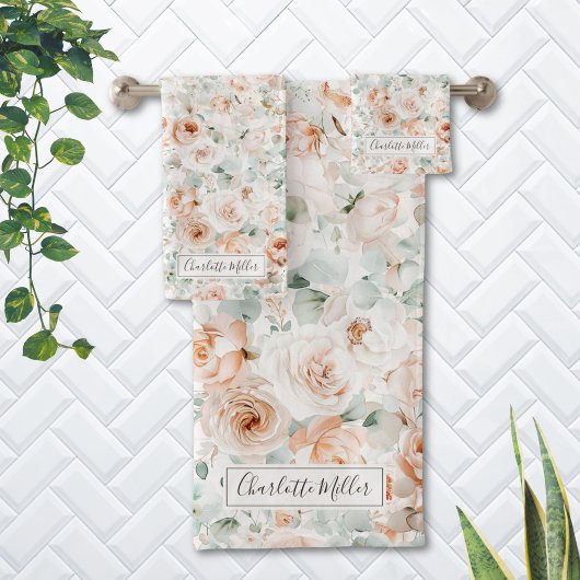 Monogram Roos Eucalyptus Bladeren Groen Bloemen Bad Handdoek