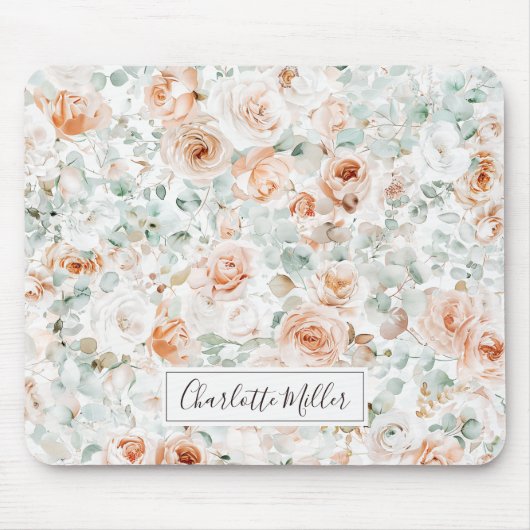 Monogram Roos Eucalyptus Bladeren Groen Bloemen Muismat (Voorkant)