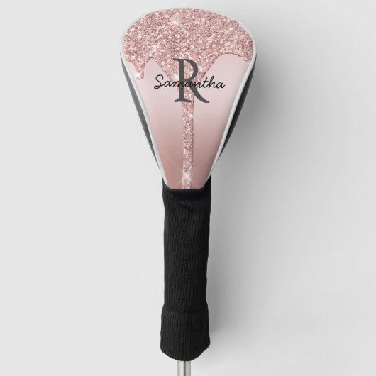 Monogram Roos Gold Drip Glitter Blush Pink Trendy Golfheadcover (Voorkant)