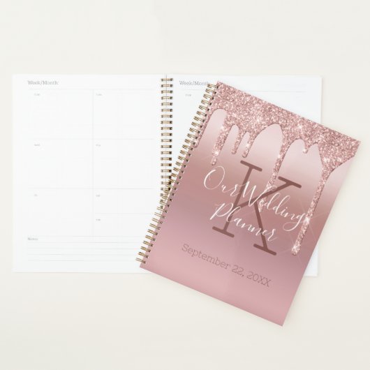 Monogram Roos Gold Drip Glitter Blush Pink Weddens Planner (Display)