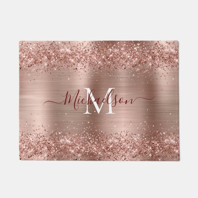 Monogram Roos Gold Faux-Glitter Girly Glam Deurmat (Voorkant)