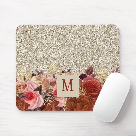 Monogram Roos Gold Flowers Light Gold Glitter Muismat (Met muis)