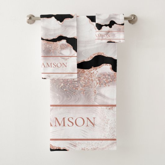 Monogram Roos Gold Glitter Agate Black White Swirl Bad Handdoek (Insitu)