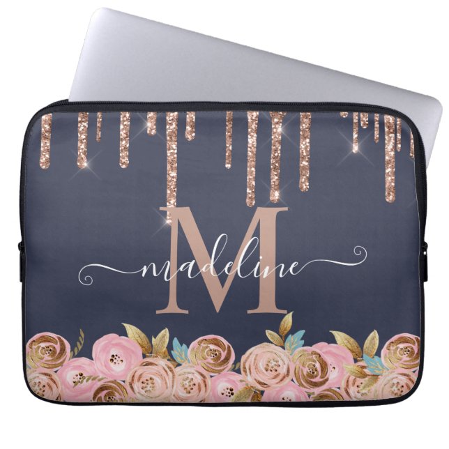 Monogram Roos Gold Glitter Drip Girly Glam Laptop Sleeve (Voorkant)