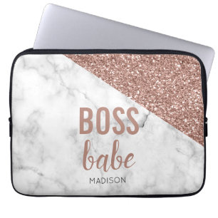 Monogram Roos Gold Glitter   Marble Boss Babe Laptop Sleeve