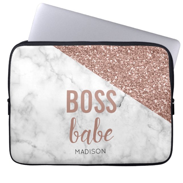Monogram Roos Gold Glitter | Marble Boss Babe Laptop Sleeve (Voorkant)
