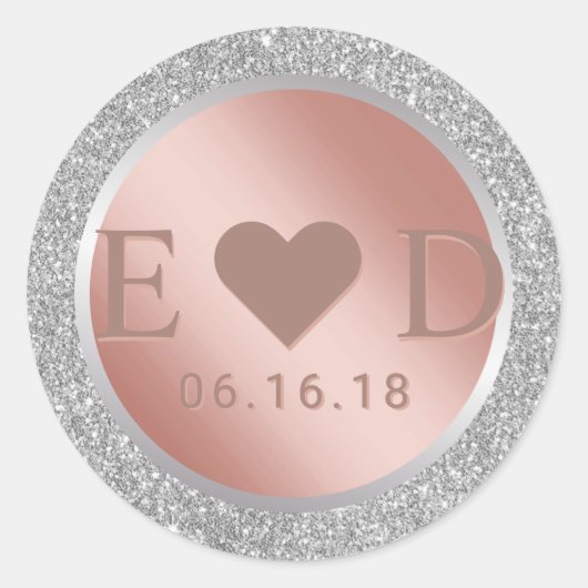 Monogram Roos Gold Modern Silver Glitter Wedding Ronde Sticker (Voorkant)