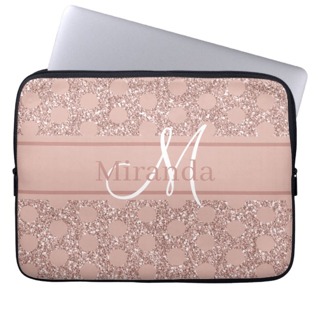 Monogram Roos Gold Pink Glitter Girly Polka Dot. Laptop Sleeve (Voorkant)