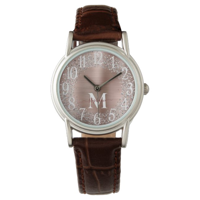 Monogram Roos Gold Silver Glitter Glam Horloge (Voorkant)