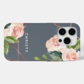 Monogram Roos Gold Waterverf Floral Dusty Blue Case-Mate iPhone Case (Achterkant (horizontaal))