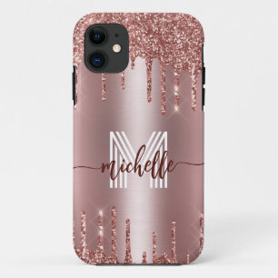 Monogram Roos Goud Blush Roze Dripping Glitter iPhone 11 Hoesje