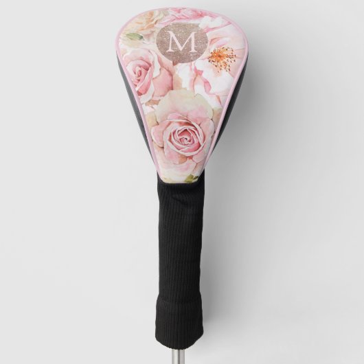 Monogram Roos Goud Blush Roze Waterverf Bloemen Golfheadcover (Voorkant)