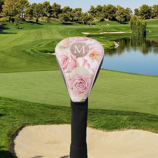 Monogram Roos Goud Blush Roze Waterverf Bloemen Golfheadcover