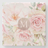 Monogram Roos Goud Blush Roze Waterverf Bloemen Stenen Onderzetter (Voorkant)