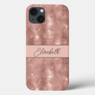 Monogram Roos Goud Glitter Glitter Gray Pink Trend iPhone 13 Hoesje