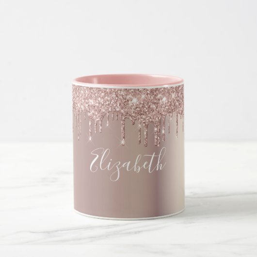 Monogram Roos Goud Roze Dripping Glitter Coffee Mok (Midden)