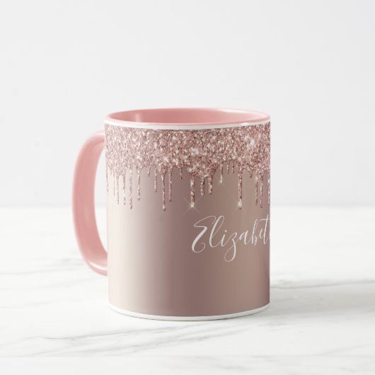 Monogram Roos Goud Roze Dripping Glitter Coffee Mok (Voorkant links)