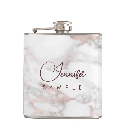 Monogram Roos Goud Wit Marmer Sjabloon Best Heupfles (Voorkant)