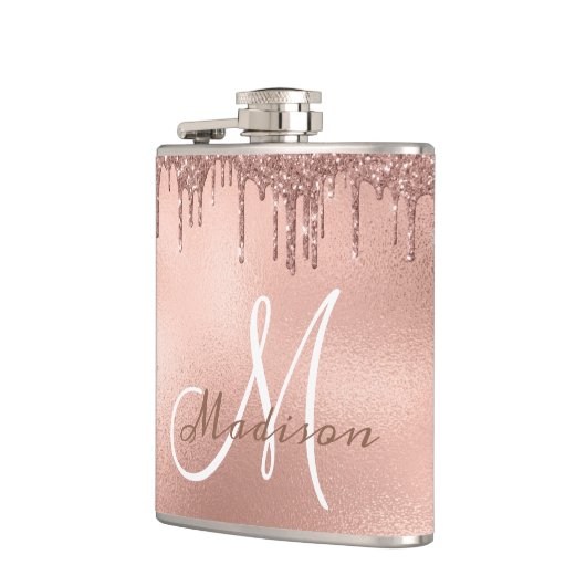 Monogram Roos Gouden Glitter Druppelt Girly Heupfles (Links)