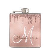 Monogram Roos Gouden Glitter Druppelt Girly Heupfles (Voorkant)