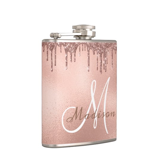 Monogram Roos Gouden Glitter Druppelt Girly Heupfles (Rechts)