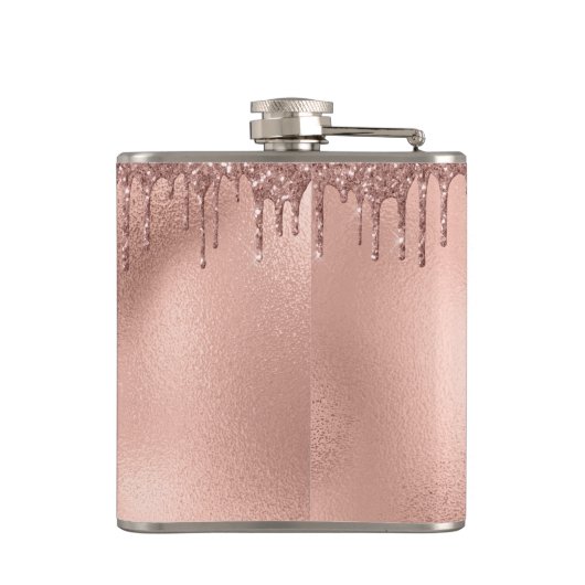 Monogram Roos Gouden Glitter Druppelt Girly Heupfles (Achterkant)