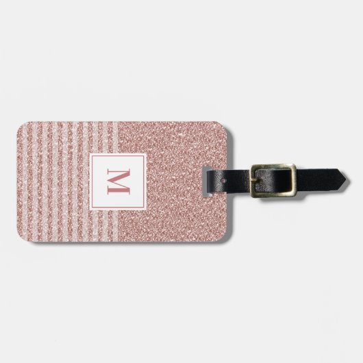 Monogram Roos Gouden Glitter Strepen Girly Bagagelabel (Voorkant horizontaal)