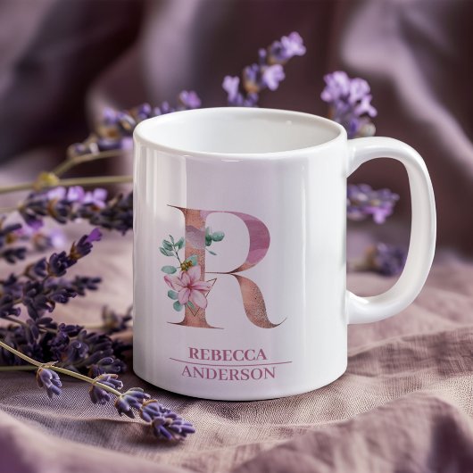 Monogram Roos Gouden Waterverf Bloemletter R Koffiemok