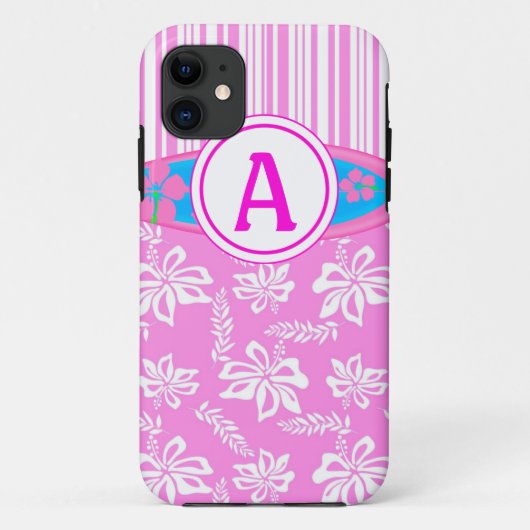 Monogram rose Hibiscis et Surfboard iPhone 5 Coque (Dos)