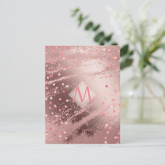 Monogram ROSEGOLD Metallic Folie Confetti Look Briefkaart (Staand voorkant)