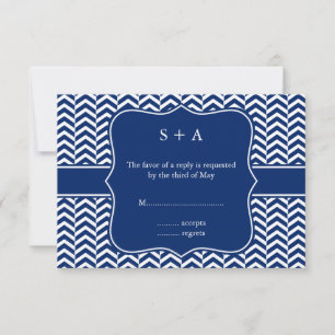 Monogram Royal Blue Chevron Pattern Wedding RSVP Kaartje