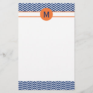 Monogram Royal Blue met Oranje Chevron Pattern Briefpapier