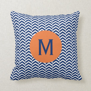 Monogram Royal Blue met Oranje Chevron Pattern Kussen