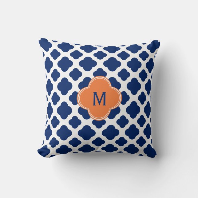 Monogram Royal Blue Quatrefoil Pattern met Sinaasa Kussen (Voorkant)