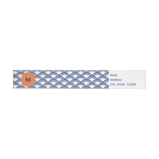Monogram Royal Blue Seigaiha Pattern met Sinaasapp Omwikkelbaar Adreslabel (Individueel)