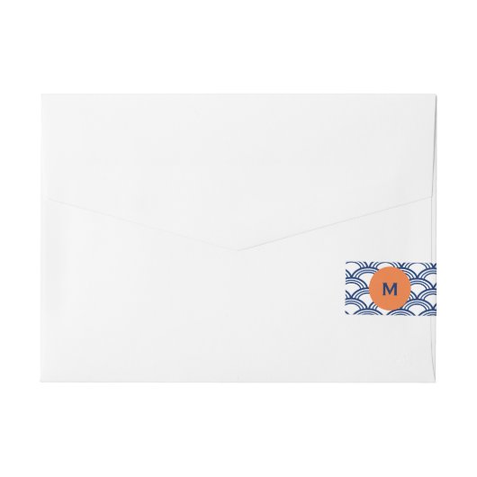 Monogram Royal Blue Seigaiha Pattern met Sinaasapp Omwikkelbaar Adreslabel (Achterkant)